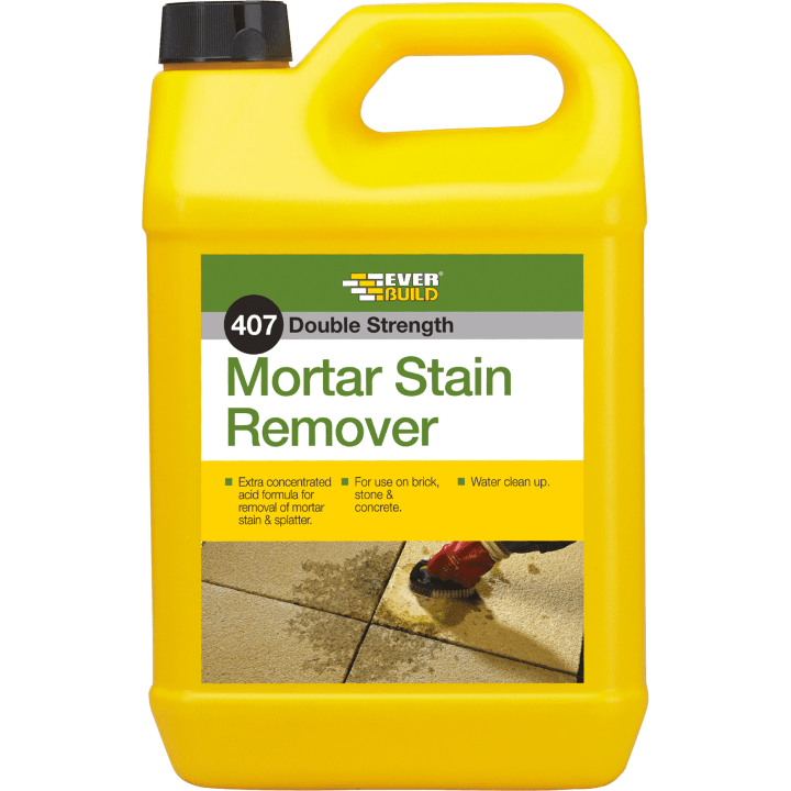 407 MORTAR STAIN REMOVER -  - 5L  MORSTAIN5, 407, MORTAR, STAIN, REMOVER, 25LTR, EVERBUILD, MORTAR, STAIN, REMOVER, HIGHLY, CONCENTRATED, FAST, ACTING, ACID, BASED, FORMULA, DISSOLVES, MORTAR, CEMENT, STAINS,