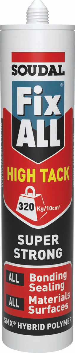 290ML FIX ALL HIGH TACK WHITE GB  101444, FIX, HIGH, TACK, WHITE, 290MLSUPER, STRONG, SEALANT, ADHESIVE, HIGH, INITIAL, TACK, AND, END, STRENGTH, 320KG10CM², BASED, SMX, POLYMER, TECHNOLOGY, HIGH, TACK