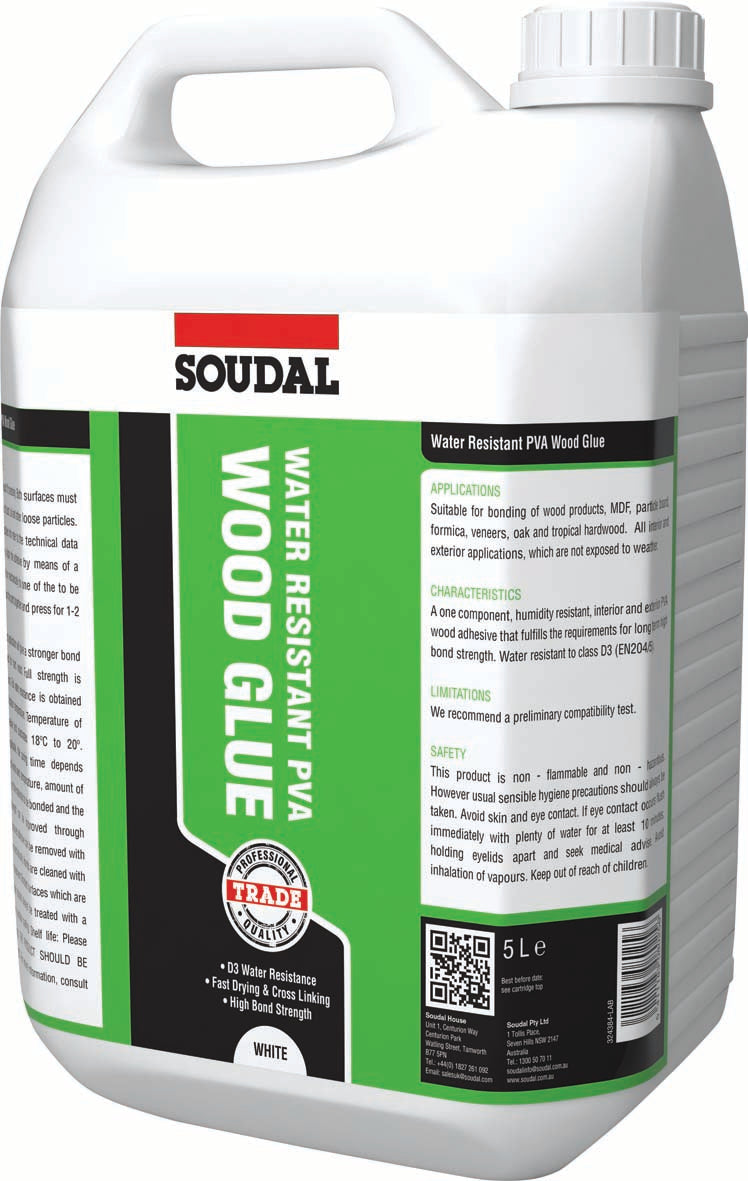 5L Water Resistant Wood Glue Tr.UK  116946, TRADE, WATER, RESISTANT, WOOD, GLUE, 5LA, ONE, COMPONENT, HUMIDITY, RESISTANT, INTERIOR, EXTERIOR, PVA, WOOD, ADHESIVE, FULFILLS, REQUIREMENTS, LONG, TERM, HIGH, BOND