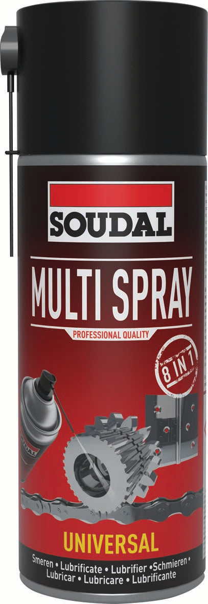 400ML SOUDAL MULTI SPRAY  119707, MULTI, SPRAY, 400MLHIGH, GRADE, UNIVERSAL, SPRAY, 8FOLD, ACTION, DUST, REMOVER, LUBRICANT, CLEANER, PENETRATING, OIL, ANTICORROSIVE, DAMP, REPELLENT, SHOCK, CONTACT