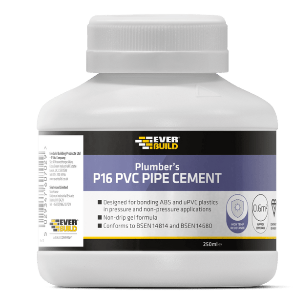P16 PLUMBERS PVC PIPE CEMENT -  - 250ML  P16PIPE, P18, PLUMBERS, GAS, LEAK, DETECTOR, 400ML, EVERBUILD, P18, GAS, LEAK, DETECTOR, SPECIALLY, FORMULATED, MICRO, POROUS, FOAM, DESIGNED, SPECIFICALLY, IDENTIFY, EVEN