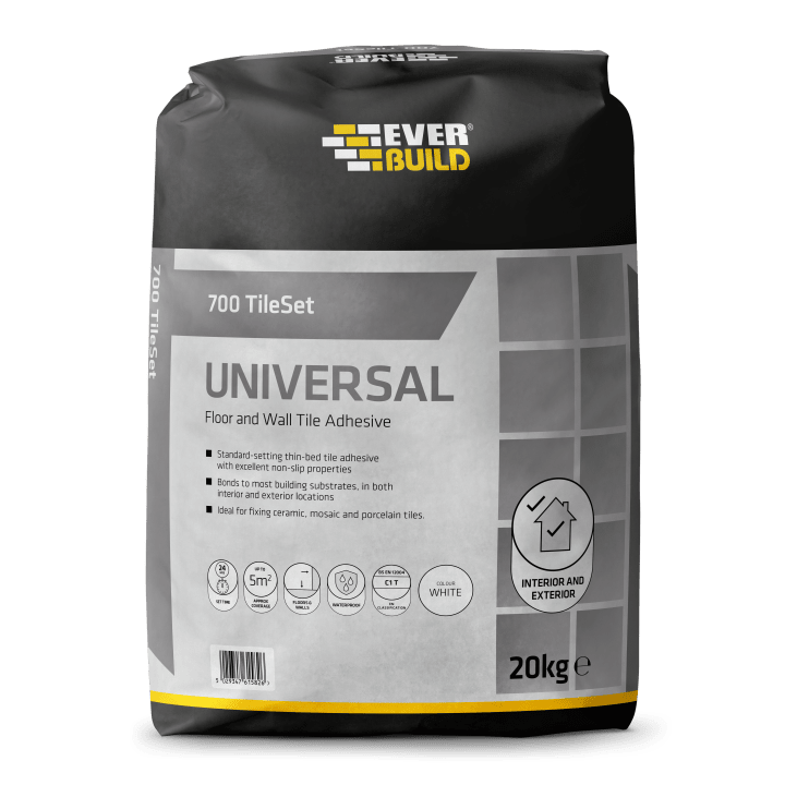 700 TILESET UNIVERSAL  TS700GY20, 700, TILESET, UNIVERSAL, EVERBUILD, 700, TILESET, UNIVERSAL, STANDARD, SETTING, TILE, ADHESIVE,  IDEAL, EXTENDED, OPENING, TIME, IS, REQUIRED,  SUITABLE, FOR, FIXING, CERAMIC,