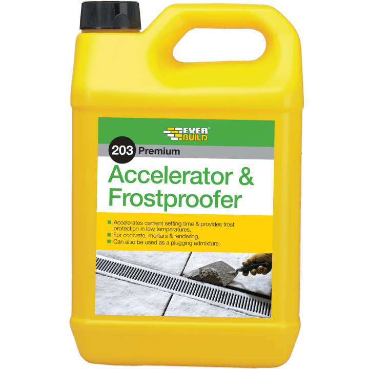 203 ACCEL & FROSTPRF -  - 5L  , 203, accel, &, frostprf, -, -, 5l, accelerator, &, frostproofer, a, liquid, additive, formulated, to, accelerate, setting, hardening, times, of, mortar, concretes, screeds, rendering, to, provide, f