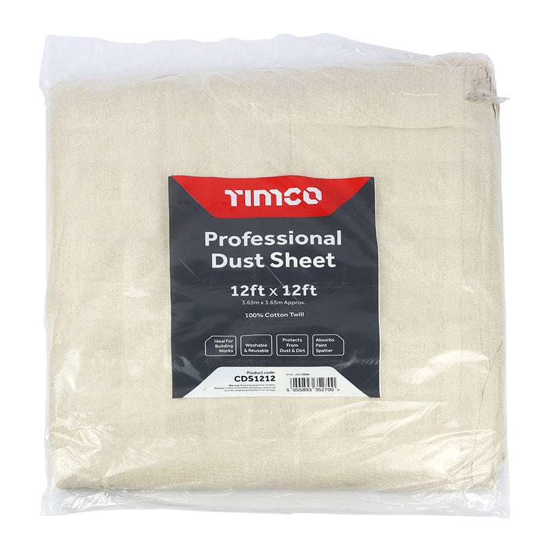 Professional Dust Sheet 12ft x 9ft - 1 EA 1 EA - Bag CDS129, TIMCO, COTTON, TWILL, DUST, SHEET, 12FT, X, 9FTHIGH, QUALITY, DUST, SHEET, MULTIPLE, USES, INCLUDING, FLOOR, FURNITURE, COVERING, DECORATION, HELPS, PROTECT