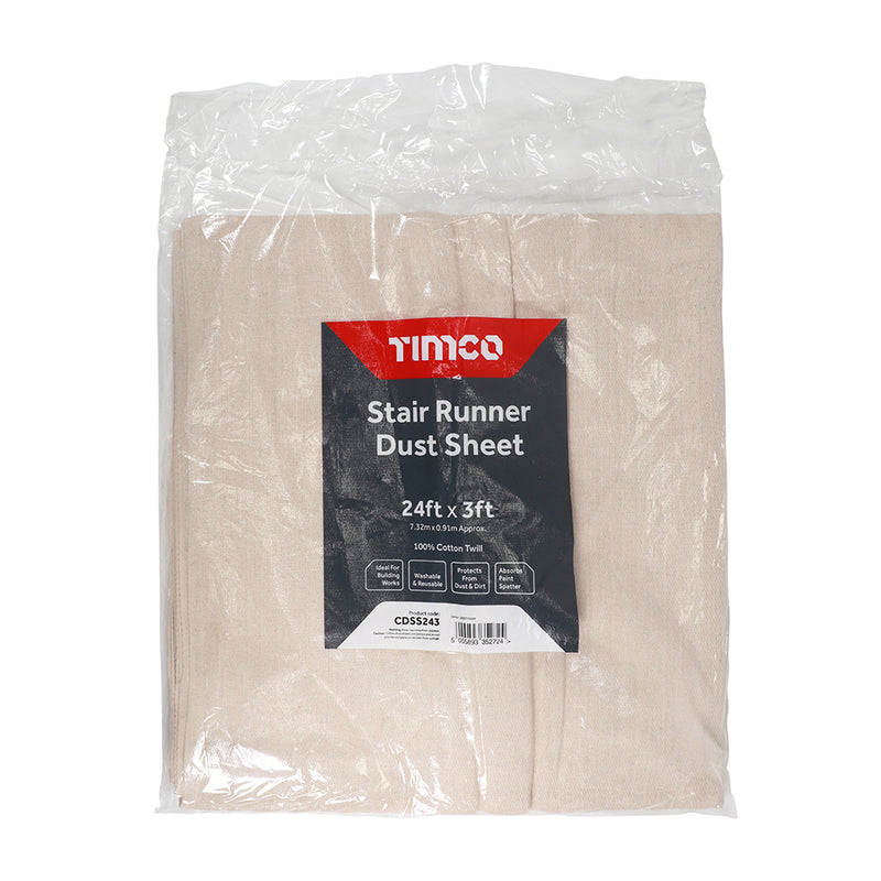 Stair Runner Dust Sheet 24ft x 3ft - 1 EA 1 EA - Bag CDSS243, TIMCO, COTTON, TWILL, STAIR, RUNNER, DUST, SHEET, , 24FT, X, 3FTHIGH, QUALITY, CUT, CONVENIENT, WIDTH, TO, SUIT, STANDARD, STAIRCASES, AVOIDING