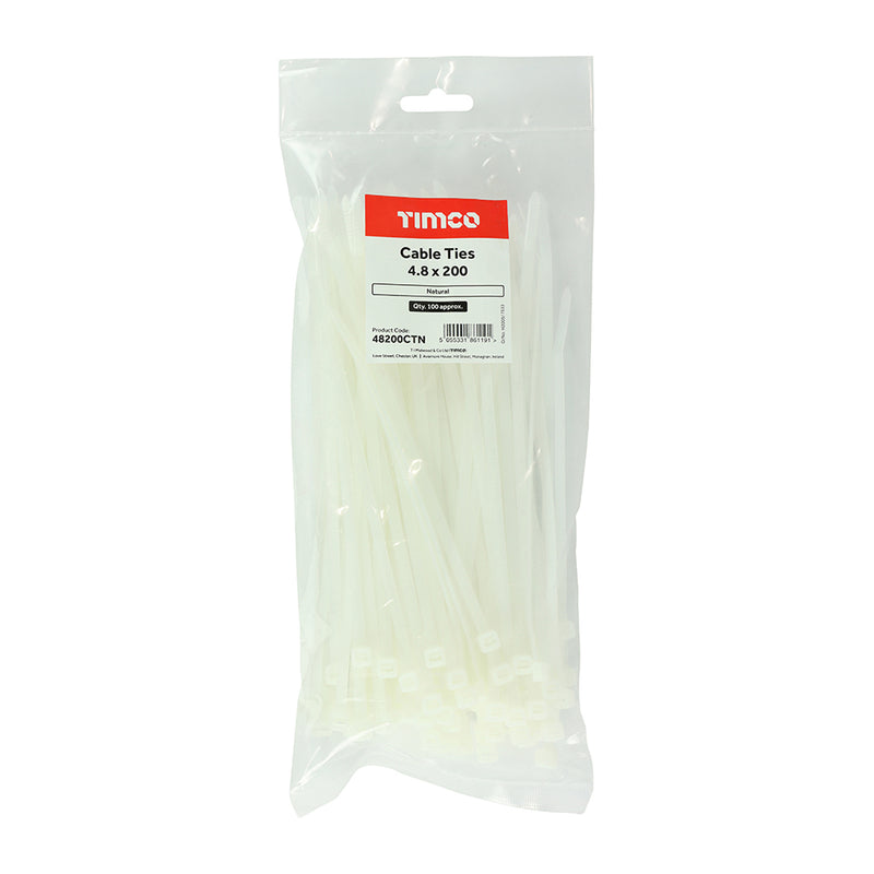 Cable Tie Natural 4.8 x 200 - 100 PCS (Bag 100 PCS - Bag 48200CTN, TIMCO, CABLE, TIES, NATURAL, 4.8, X, 200AN, ECONOMIC, CONVENIENT, SOLUTION, DESIGNED, BUNDLE, AND, SECURE, WIRES, CABLES, HOSES, AND, MUCH, MORE.