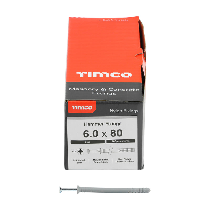 Nylon Hammer Fixing Zinc 6.0 x 80 - 200 PC 200 PCS - Box 60080HF, TIMCO, NYLON, HAMMER, FIXINGS, 6.0, X, 80A, LIGHT, DUTY, HAMMERSET, FIXING, MASONRY, 200, PIECES, BOX, QUICK, EASY, FIXINGSTRONG, COLLAR