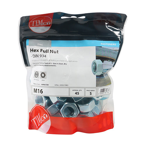Hex Nut DIN 934 - BZP M16 - 45 PCS (TIMbag 45 PCS - TIMbag 16HNUTZB, TIMCO, HEX, FULL, NUTS, DIN934, SILVER, M16A, TRADITIONAL, NUT, USED, BOLTING, FASTENING, APPLICATIONS, ZINC, PLATED, FOR, INTERNAL, USE, 45