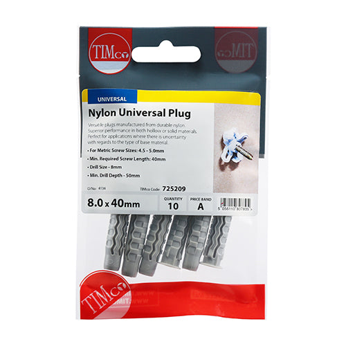 Nylon Universal Plug 8.0 x 40 - 100 PCS (T 100 PCS - TIMbag 224209, TIMCO, NYLON, UNIVERSAL, PLUGS, 8.0, X, 40VERSATILE, PLUGS, MANUFACTURED, DURABLE, NYLON, SUPERIOR, PERFORMANCE, HOLLOW, SOLID, MATERIALS, APPLICATIONS, UNCERTAINTY