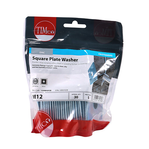 Square Plate Washer - BZP M12 x 50 x 50 x 30 PCS - TIMbag 1250WHSPZB, TIMCO, SQUARE, PLATE, WASHERS, SILVER, M12, X, 50, X, 50, X, 3PROVIDES, LARGE, CLAMPING, SURFACE, THEREFORE, SPREADING, LOAD, A, FASTENING.