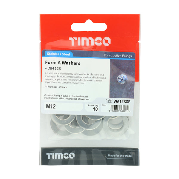 Form A Washer DIN 125 - A2 SS M12 - 10 PCS 10 PCS - TIMpac WA12SSP, TIMCO, FORM, WASHERS, DIN125A, A2, STAINLESS, STEEL, M12A, TRADITIONAL, COMMONLY, USED, WASHER, CLAMPING, AND, SPACING, APPLICATIONS, MANUFACTURED, A2, STAINLESS, STEEL