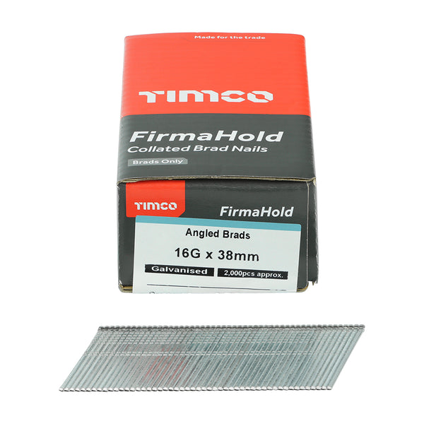 FirmaHold AG Brad GALV 16g x 38 - 2000 PCS 2000 PCS - Box ABG1638, TIMCO, FIRMAHOLD, COLLATED, 16, GAUGE, ANGLED, GALVANISED, BRAD, NAILS, 16G, X, 38IDEAL, INTERNAL, APPLICATIONS, SKIRTING, ARCHITRAVE, TONGUE, GROOVE, FIXING, T