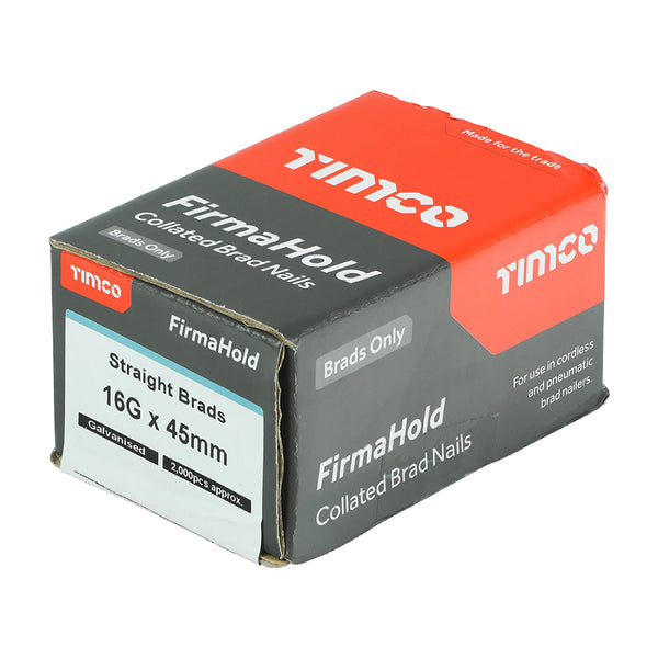 FirmaHold ST Brad GALV 16g x 45 - 2000 PCS 2000 PCS - Box BG1645, TIMCO, FIRMAHOLD, COLLATED, 16, GAUGE, STRAIGHT, GALVANISED, BRAD, NAILS, 16G, X, 45IDEAL, INTERNAL, APPLICATIONS, SKIRTING, ARCHITRAVE, TONGUE, GROOVE, FIXING, T