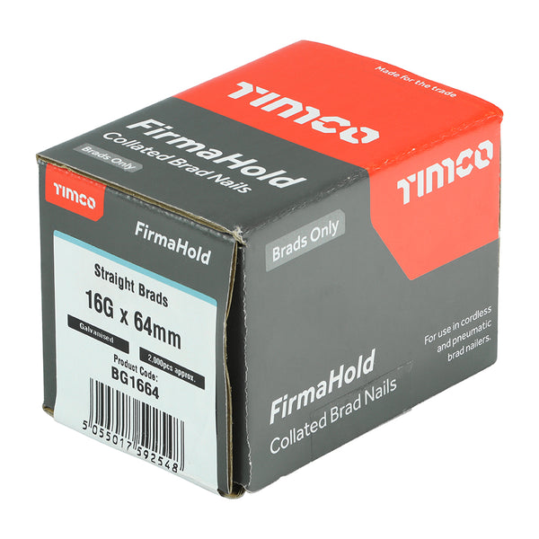 FirmaHold ST Brad GALV 16g x 64 - 2000 PCS 2000 PCS - Box BG1664, TIMCO, FIRMAHOLD, COLLATED, 16, GAUGE, STRAIGHT, GALVANISED, BRAD, NAILS, 16G, X, 64IDEAL, INTERNAL, APPLICATIONS, SKIRTING, ARCHITRAVE, TONGUE, GROOVE, FIXING, T