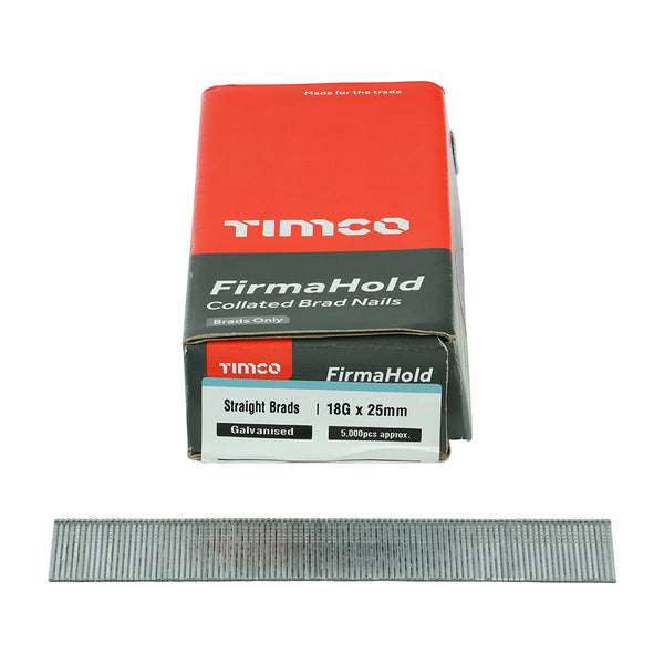 FirmaHold ST Brad GALV 18g x 25 - 5000 PCS 5000 PCS - Box BG1825, TIMCO, FIRMAHOLD, COLLATED, 18, GAUGE, STRAIGHT, GALVANISED, BRAD, NAILS, 18G, X, 25IDEAL, INTERNAL, APPLICATIONS, SKIRTING, ARCHITRAVE, TONGUE, GROOVE, FIXING, T