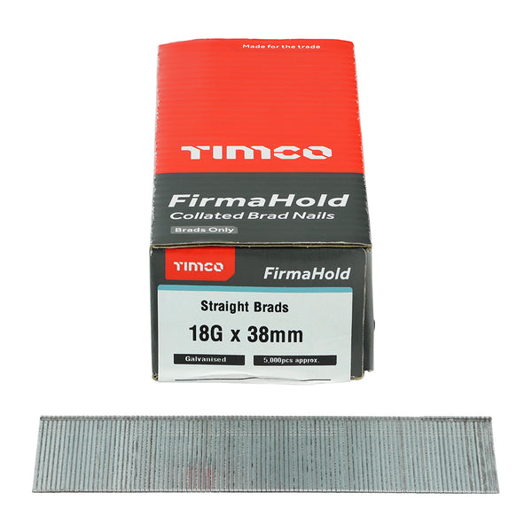 FirmaHold ST Brad GALV 18g x 38 - 5000 PCS 5000 PCS - Box BG1838, TIMCO, FIRMAHOLD, COLLATED, 18, GAUGE, STRAIGHT, GALVANISED, BRAD, NAILS, 18G, X, 38IDEAL, INTERNAL, APPLICATIONS, SKIRTING, ARCHITRAVE, TONGUE, GROOVE, FIXING, T