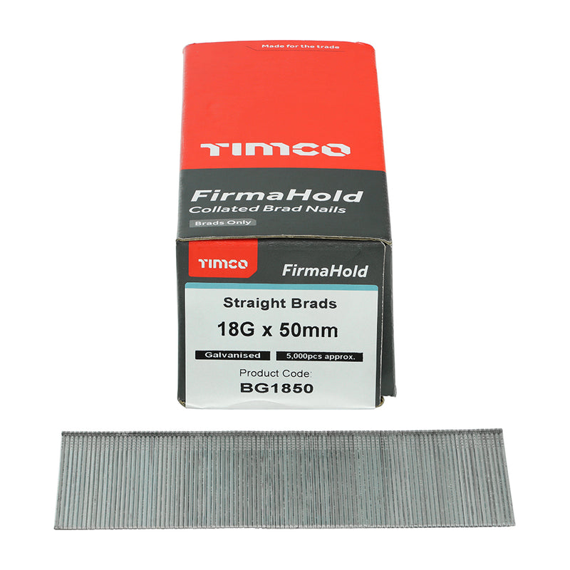 FirmaHold ST Brad GALV 18g x 50 - 5000 PCS 5000 PCS - Box BG1850, TIMCO, FIRMAHOLD, COLLATED, 18, GAUGE, STRAIGHT, GALVANISED, BRAD, NAILS, 18G, X, 50IDEAL, INTERNAL, APPLICATIONS, SKIRTING, ARCHITRAVE, TONGUE, GROOVE, FIXING, T