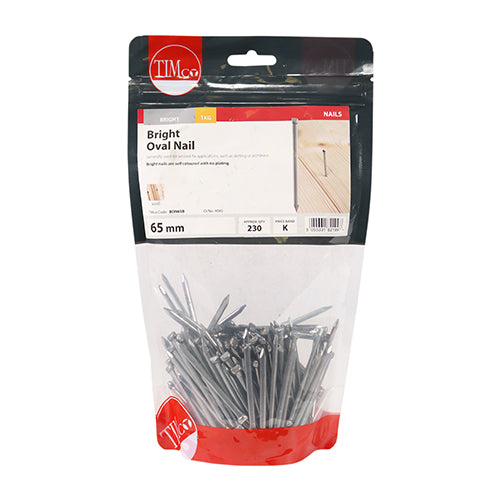 Oval Nail - Bright 65mm - 1 KG (TIMbag) 1 KG - TIMbag BON65B, TIMCO, OVAL, NAILS, BRIGHT, 65MMOVAL, HEAD, CONCEALED, FINISH, BRIGHT, NAILS, SELF, COLOURED, PLATING, 1, KILOGRAMS, TIMBAG, SUITABLE, FOR, INDOOR, APPLICATIONSWEIGHT