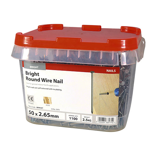 Round Wire Nail - Bright 50 x 2.65 - 2.5 K 2.5 KG - TIMtub BRW50T, TIMCO, ROUND, WIRE, NAILS, BRIGHT, 50, X, 2.65GENERAL, USE, FULL, ROUND, HEAD, CLAMPING, BRIGHT, NAILS, SELF, COLOURED, PLATING, 2.5, KILOGRAMS
