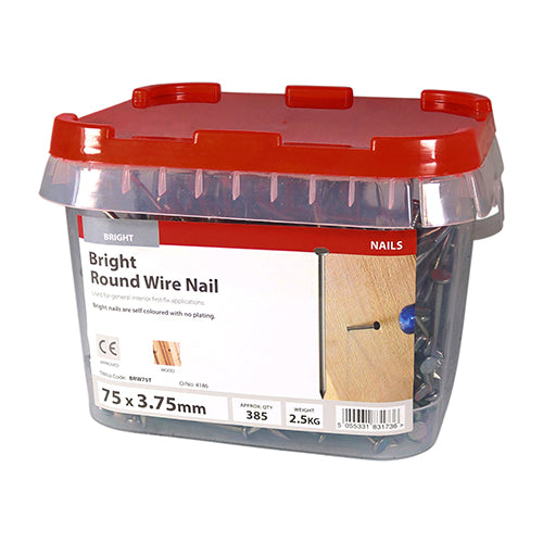 Round Wire Nail - Bright 75 x 3.75 - 2.5 K 2.5 KG - TIMtub BRW75T, TIMCO, ROUND, WIRE, NAILS, BRIGHT, 75, X, 3.75GENERAL, USE, FULL, ROUND, HEAD, CLAMPING, BRIGHT, NAILS, SELF, COLOURED, PLATING, 2.5, KILOGRAMS