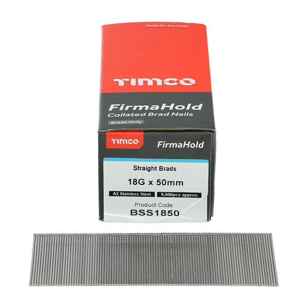 FirmaHold ST Brad A2 SS 18g x 50 - 5000 PC 5000 PCS - Box BSS1850, TIMCO, FIRMAHOLD, COLLATED, 18, GAUGE, STRAIGHT, A2, STAINLESS, STEEL, BRAD, NAILS, 18G, X, 50IDEAL, INTERNAL, APPLICATIONS, SKIRTING, ARCHITRAVE, TONGUE, GROOVE