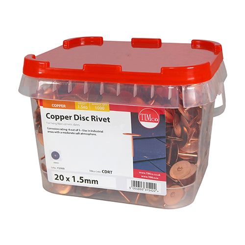 Copper Disc Rivets 20 x 1.50 - 1000 PCS (T 1000 PCS - TIMtub CDRT, TIMCO, DISC, RIVETS, COPPER, 20, X, 1.50FOR, FIXING, FIBRE, CEMENT, SLATES, 1000, PIECES, TIMTUB, PROVIDES, HIGH, LEVELS, RUST, PROTECTIONWEIGHT