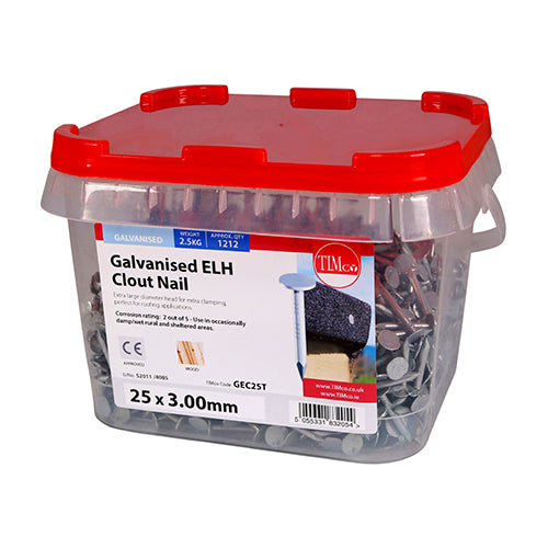 Clout Nail ELH - Galvanised 25 x 3.00 - 2. 2.5 KG - TIMtub GEC25T, TIMCO, EXTRA, LARGE, HEAD, CLOUT, NAILS, GALVANISED, 25, X, 3.00EXTRA, LARGE, DIAMETER, HEAD, EXTRA, CLAMPING, FOR, FITTING, ROOFING, FELT, PLASTERBOARD.