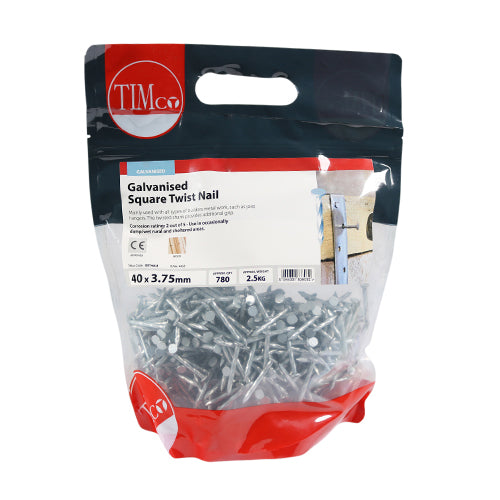 Square Twist Nail - Galvanised 40 x 3.75 - 2.5 KG - TIMbag GST40LB, TIMCO, SQUARE, TWIST, NAILS, GALVANISED, 40, X, 3.75FOR, USE, TYPES, BUILDERS, METAL, WORK, TWISTED, SHANK, GIVES, ENHANCED, PULLOUT, RESISTANCE, 2.5