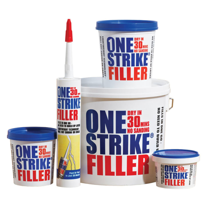 ONE STRIKE FILLER -  - 5L  ONES5, ONE, STRIKE, FILLER, C3, WHITEEVERBUILD, ONE, STRIKE, REVOLUTIONARY, READYMIXED, LIGHTWEIGHT, FILLER, PREPARATION, NUMEROUS, SURFACES, PRIOR, PAINTING, WALLPAPERING.