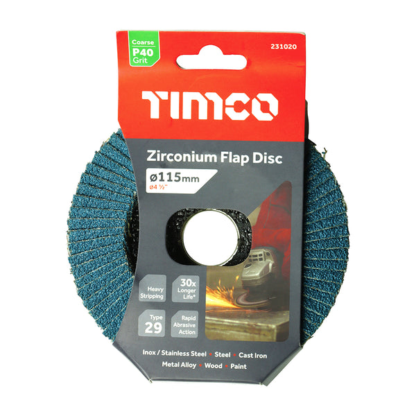 Zirconium Flap Disc P40 115 x 22.23 - 1 EA 1 EA - Pack 231020, TIMCO, FLAP, DISC, ZIRCONIUM, TYPE, 29, CONICAL, P40, GRIT, 115, X, 22.23A, PREMIUM, LONG, LIFE, HEAVY, DUTY, ZIRCONIUM, FLAP, DISC
