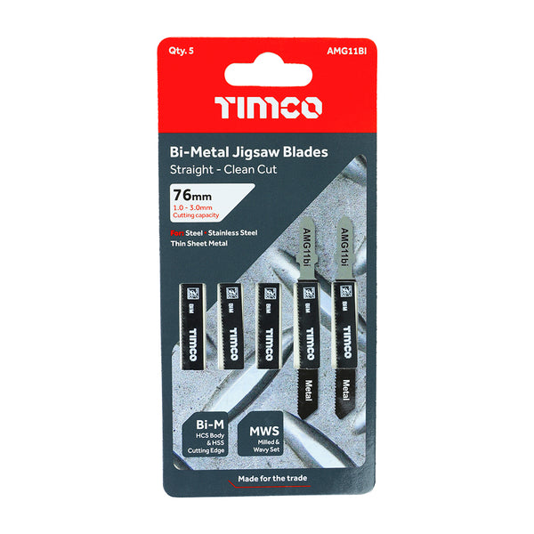 Bi-Met Jigsaw Blade for Metal T118AF - 5 P 5 PCS - Pack AMG11BI, TIMCO, JIGSAW, BLADES, METAL, CUTTING, BIMETAL, BLADES, T118AFBIMETAL, JIGSAW, BLADES, PROVIDING, STRAIGHT, CLEAN, CUT, SUITABLE, STEEL, STAINLESS, STEEL, THIN, SHEET