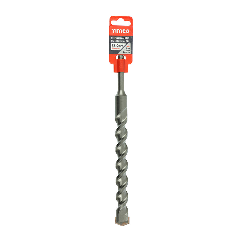 Pro SDS Plus Hammer Bits (PGM) 22.0 x 260 1 EA - Clip AP22260, TIMCO, PROFESSIONAL, SDS, PLUS, HAMMER, BITS, PGM, 22.0, X, 260A, HIGH, PERFORMANCE, DRILL, BIT, SUPERIOR, CARBIDE, TIP, GIVE, EXTENDED, DURABILITY.