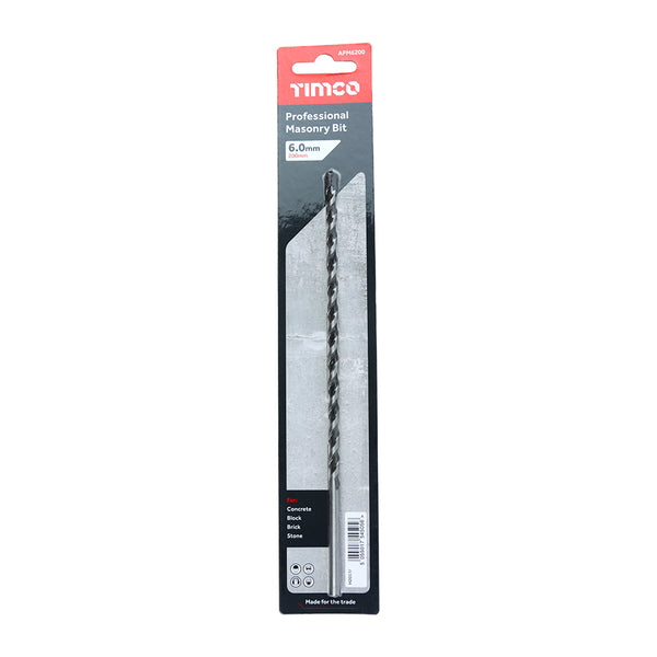 Professional Masonry Bit 6.0 x 200 - 1 EA 1 EA - Blister Pack APM6200, TIMCO, MASONRY, DRILL, BITS, 6.0, X, 200A, PREMIUM, QUALITY, MASONRY, BIT, USE, CORDLESS, CORDED, DRILL, DRIVERS, IN, ROTARY, AND, HAMMER