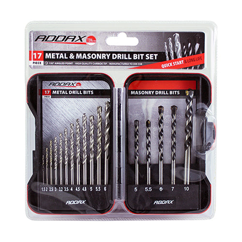 HSS Jobber & Masonry Bit Set 17pc - 1 EA ( 1 EA - Case MIX17SET, TIMCO, GROUND, JOBBER, , MASONRY, DRILL, SET, 17PCA, MIXED, SELECTION, 12, HSS, GROUND, METAL, DRILLS, 135, ,