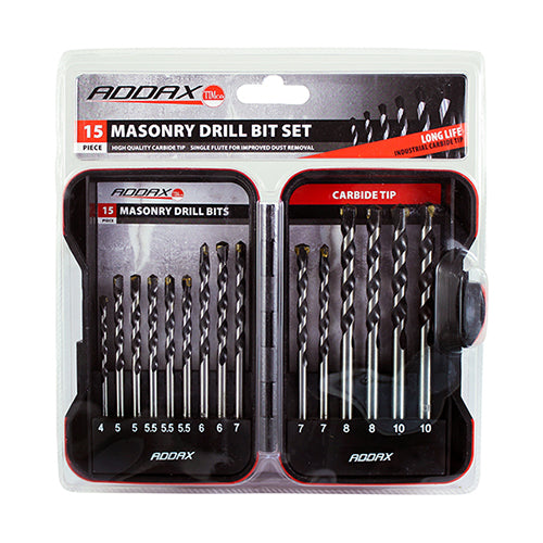 Masonry Drill Bit Set 15pc - 1 EA (Case) 1 EA - Case M15SET, TIMCO, MASONRY, DRILL, BIT, SET, 15PCA, MIXED, SELECTION, 15, CARBIDE, TIPPED, MASONRY, DRILLS, RANGE, COVERS, POPULAR, HOLE, SIZES, PLASTIC, PLUGS.