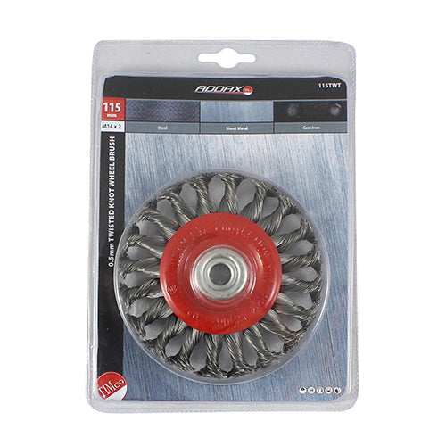 Grinder Twist Wire Wheel Brush 115mm - 1 E 1 EA - Blister Pack 115TWT, TIMCO, ANGLE, GRINDER, WHEEL, BRUSH, TWISTED, KNOT, STEEL, WIRE, 115MMSUITABLE, USE, ANGLE, GRINDERS, 0.5MM, STEEL, WIRE, HARD, WEARING, GIVES, AGGRESSIVE