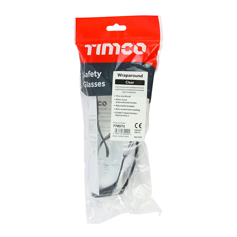 Wraparound Safety Glasses One Size - 1 EA  770571, TIMCO, WRAPAROUND, SAFETY, GLASSES, CLEAR, ONE, SIZELIGHTWEIGHT, WRAPAROUND, GLASSES, DESIGNED, GIVE, ENHANCED, PERIPHERAL, VISION, WHILST, ALSO, INCREASING, SIDE, PROTECTION.