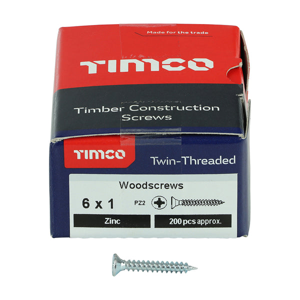 Twin Woodscrew PZ2 CSK Zinc 6 x 1 - 200 PC 200 PCS - Box 00061CWZ, TIMCO, TWINTHREADED, COUNTERSUNK, SILVER, WOODSCREWS, 6, X, 1A, TRADITIONAL, TWINTHREAD, WOODSCREW, SINGLE, LEAD, START, FAST, INSTALLATION, MAINLY, USED, SOFT, TIMBER