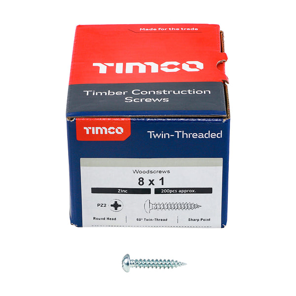 Twin Woodscrew PZ2 RND Zinc 8 x 1 - 200 PC 200 PCS - Box 00081CRWZ, TIMCO, TWINTHREADED, ROUND, HEAD, SILVER, WOODSCREWS, 8, X, 1A, TRADITIONAL, TWINTHREAD, WOODSCREW, SINGLE, LEAD, START, FAST, INSTALLATION, ROUNDHEAD, SCREW, USED