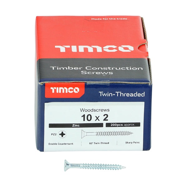 Twin Woodscrew PZ2 CSK Zinc 10 x 2 - 200 P 200 PCS - Box 00102CWZ, TIMCO, TWINTHREADED, COUNTERSUNK, SILVER, WOODSCREWS, 10, X, 2A, TRADITIONAL, TWINTHREAD, WOODSCREW, SINGLE, LEAD, START, FAST, INSTALLATION, MAINLY, USED, SOFT, TIMBER