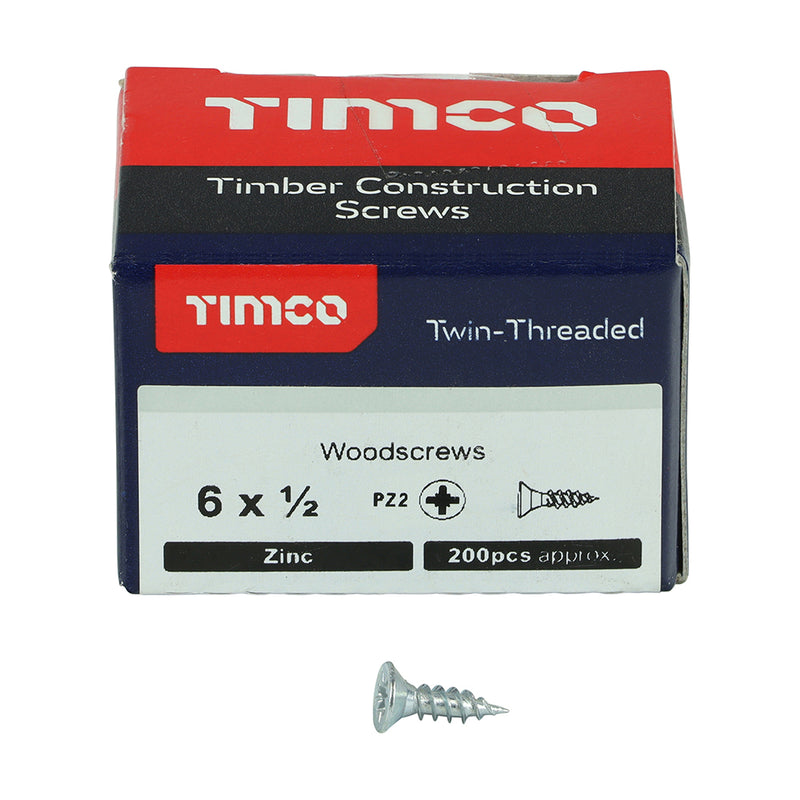 Twin Woodscrew PZ2 CSK Zinc 6 x 1/2 - 200 200 PCS - Box 00612CWZ, TIMCO, TWINTHREADED, COUNTERSUNK, SILVER, WOODSCREWS, 6, X, 12A, TRADITIONAL, TWINTHREAD, WOODSCREW, SINGLE, LEAD, START, FAST, INSTALLATION, MAINLY, USED, SOFT, TIMBER