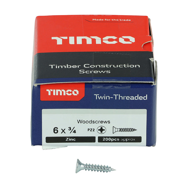 Twin Woodscrew PZ2 CSK Zinc 6 x 3/4 - 200 200 PCS - Box 00634CWZ, TIMCO, TWINTHREADED, COUNTERSUNK, SILVER, WOODSCREWS, 6, X, 34A, TRADITIONAL, TWINTHREAD, WOODSCREW, SINGLE, LEAD, START, FAST, INSTALLATION, MAINLY, USED, SOFT, TIMBER