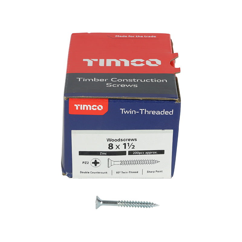 Twin Woodscrew PZ2 CSK Zinc 8 x 1 1/2 - 20 200 PCS - Box 08112CWZ, TIMCO, TWINTHREADED, COUNTERSUNK, SILVER, WOODSCREWS, 8, X, 1, 12A, TRADITIONAL, TWINTHREAD, WOODSCREW, SINGLE, LEAD, START, FAST, INSTALLATION, MAINLY, USED, SOFT