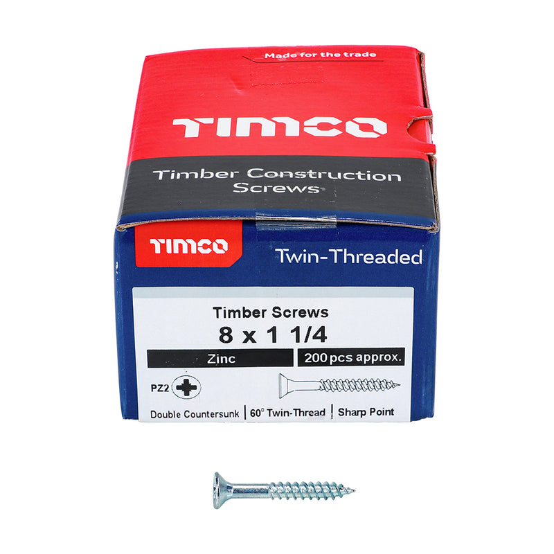 Twin Woodscrew PZ2 CSK Zinc 8 x 1 1/4 - 20 200 PCS - Box 08114CWZ, TIMCO, TWINTHREADED, COUNTERSUNK, SILVER, WOODSCREWS, 8, X, 1, 14A, TRADITIONAL, TWINTHREAD, WOODSCREW, SINGLE, LEAD, START, FAST, INSTALLATION, MAINLY, USED, SOFT