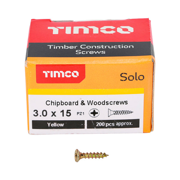 Solo Woodscrew PZ1 CSK ZYP 3.0 x 15 - 200 200 PCS - Box 30015SOLOC, TIMCO, SOLO, COUNTERSUNK, GOLD, WOODSCREWS, 3.0, X, 15A, SINGLE, THREAD, WOODSCREW, MAINLY, USED, VARIOUS, TYPES, TIMBER, MANMADE, BOARDS, MASONRY, USE