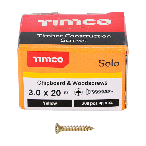 Solo Woodscrew PZ1 CSK ZYP 3.0 x 20 - 200 200 PCS - Box 30020SOLOC, TIMCO, SOLO, COUNTERSUNK, GOLD, WOODSCREWS, 3.0, X, 20A, SINGLE, THREAD, WOODSCREW, MAINLY, USED, VARIOUS, TYPES, TIMBER, MANMADE, BOARDS, MASONRY, USE