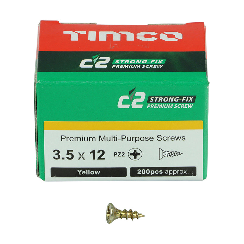 C2 Strong-Fix PZ2 CSK ZYP 3.5 x 12 - 200 P 200 PCS - Box 35012C2, TIMCO, C2, STRONGFIX, MULTIPURPOSE, PREMIUM, COUNTERSUNK, GOLD, WOODSCREWS, 3.5, X, 12A, PREMIUM, MULTIMATERIAL, SCREW, C2, TWINCUT, TECHNOLOGY, DUAL, ANGLE, FULL