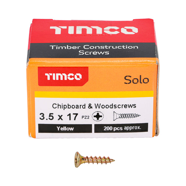 Solo Woodscrew PZ2 CSK ZYP 3.5 x 17 - 200 200 PCS - Box 35017SOLOC, TIMCO, SOLO, COUNTERSUNK, GOLD, WOODSCREWS, 3.5, X, 17A, SINGLE, THREAD, WOODSCREW, MAINLY, USED, VARIOUS, TYPES, TIMBER, MANMADE, BOARDS, MASONRY, USE