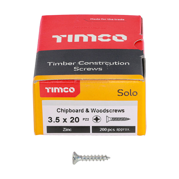 Solo Woodscrew PZ2 CSK Zinc 3.5 x 20 - 200 200 PCS - Box 35020SOLOZ, TIMCO, SOLO, COUNTERSUNK, SILVER, WOODSCREWS, 3.5, X, 20A, SINGLE, THREAD, WOODSCREW, MAINLY, USED, VARIOUS, TYPES, TIMBER, MANMADE, BOARDS, MASONRY, USE