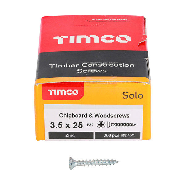 Solo Woodscrew PZ2 CSK Zinc 3.5 x 25 - 200 200 PCS - Box 35025SOLOZ, TIMCO, SOLO, COUNTERSUNK, SILVER, WOODSCREWS, 3.5, X, 25A, SINGLE, THREAD, WOODSCREW, MAINLY, USED, VARIOUS, TYPES, TIMBER, MANMADE, BOARDS, MASONRY, USE